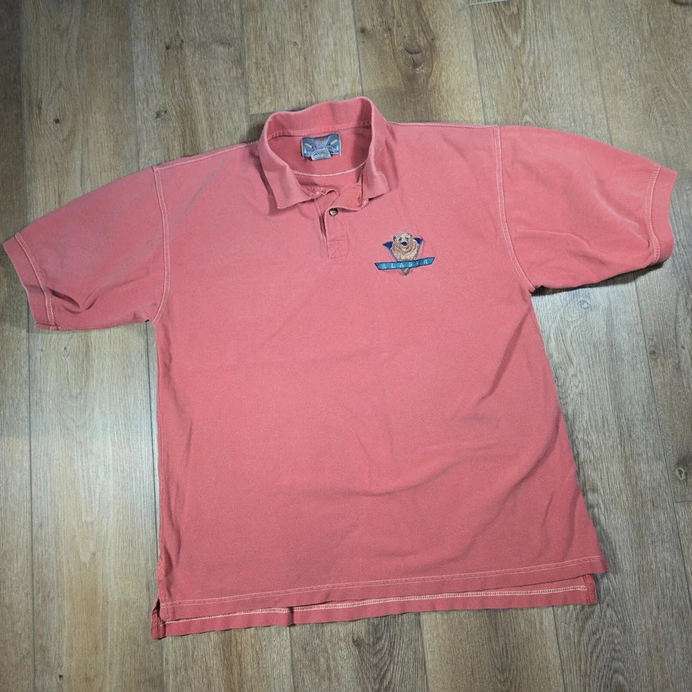 Alaska Grizzly Bear Polo Shirt Mens L Salmon Red Embroidered Wildlife Outdoors